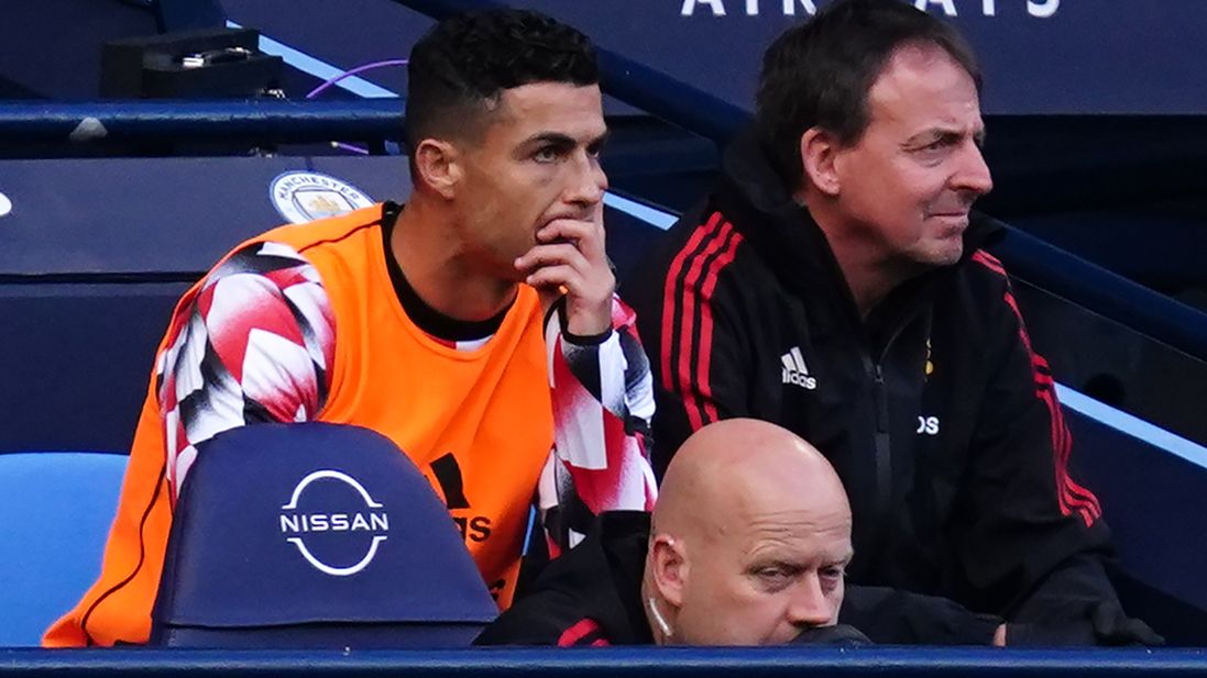 Manchester United&#x27;s Cristiano Ronaldo reacts on the bench during the Premier League match at the Etihad Stadium.