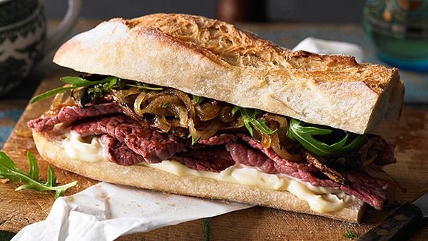 Gourmet silverside steak sandwich with caramelised onions