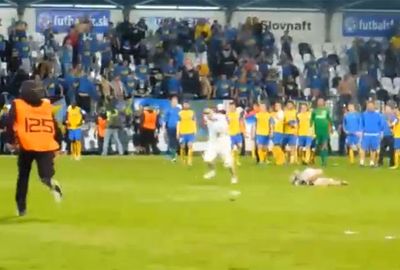 <b>A pitch invader has been knocked out by another pitch invader in dramatic scenes in Slovakia.</b><br/><br/>The Kosice supporter had just witnessed his team's loss to Slovan Bratislava and must have thought he could lift spirits among fellow Kosice fans by sprinting across the pitch.<br/><br/>Unfortunately, one Bratislava fan took offence and took matters into his own hands.<br/><br/>Thankfully, most pitch invasions are far more entertaining.