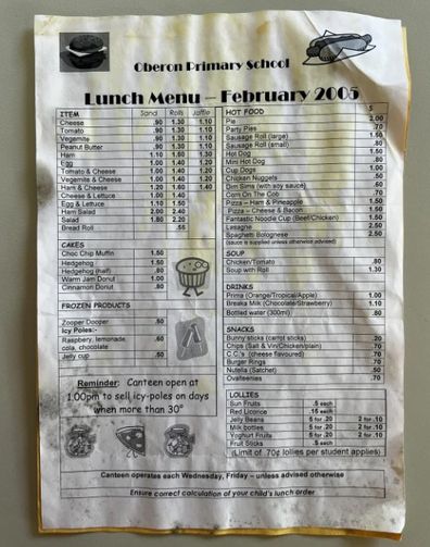 Old public school canteen menu. 