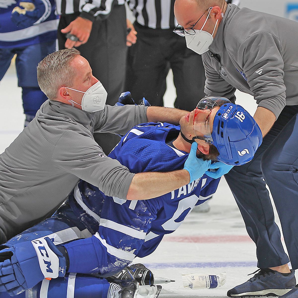 Nhl Toronto Maple Leafs Captain John Tavares Stretchered Off Ice After Scary Collision Corey Perry Ben Chiarot