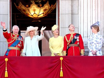Prince George of Wales, Prince William, Prince of Wales, Prince Louis of Wales, Catherine, Princess of Wales, Princess Charlotte of Wales, King Charles III, Queen Camilla, Sophie, Duchess of Edinburgh, Prince Edward, Duke of Edinburgh and Lady Louise Windsor on the balcony during Trooping the Colour at Buckingham Palace on June 15, 2024 in London, England. 