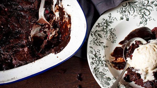 Double chocolate raspberry self-saucing pudding