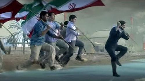 A group of actors portray defiant Iranians conjuring a tsunami from song. (YouTube screenshot)