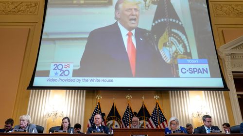 A video exhibit is displayed as the House select committee investigating the January 6 attack on the US Capitol continues to reveal its findings of a year-long investigation.