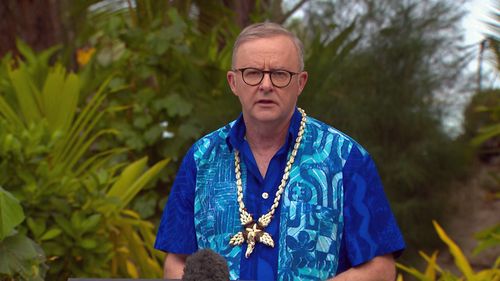Prime Minister Anthony Albanese at a press conference in the Cook Islands