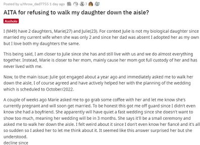Father will only walk one daughter down aisle Reddit