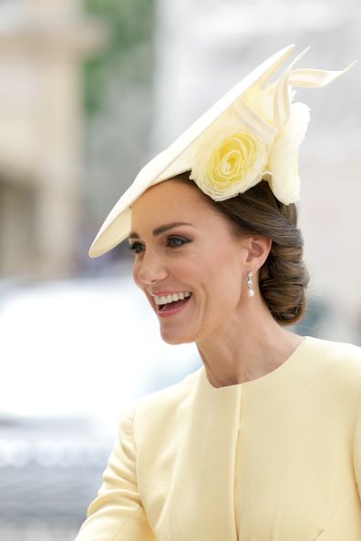 Catherine, Duchess of Cambridge arrives for the Lord Mayor's reception for the National Service of Thanksgiving at The Guildhall on June 03, 2022 in London, England. 