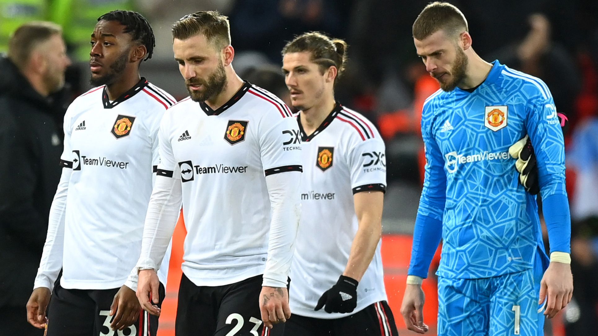 Players of Manchester United look dejected as they leave the field, after being defeated 7-0 during the Premier League match between Liverpool FC and Manchester United at Anfield on March 05, 2023 in Liverpool, England. (Photo by Michael Regan/Getty Images)