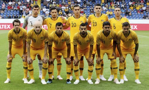 Risdon (bottom right) lining up for the Socceroos in their friendly against the Czezh Republic. Picture: AAP