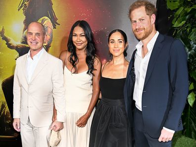 Brian Robbins, Tracy James, Meghan, Duchess of Sussex and Prince Harry, Duke of Sussex attends Premiere of "Bob Marley: One Love" at the Carib 5 Theatre on January 23, 2024, in Kingston, . (Photo by Jason Koerner/Getty Images for Paramount Pictures)