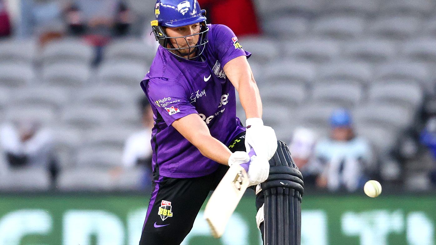 Tim David of the Hurricanes bats during the Men&#x27;s Big Bash League match between the Hobart Hurricanes and the Melbourne Renegades at Marvel Stadium, on January 18, 2022.