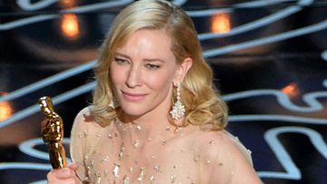 A teary Cate Blanchett accepts the Best Actress Oscar for her role in Blue Jasmine. (All images Getty/AAP)