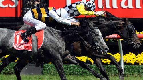 Blake Shinn rides the Bart Cummings-trained Viewed (right) to victory over Bauer riden by Corey Brown and trained by Luca Cumani in the Melbourne Cup at Flemington Racecourse in Melbourne, Tuesday, Nov. 4, 2008. (AAP)