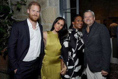 MONTECITO, CALIFORNIA - APRIL 10: (L-R) Prince Harry, Duke of Sussex, Meghan, Duchess of Sussex, Nicole Avant and Ted Sarandos attend Netflix's BEEF Season 2 Montecito Tastemaker at a private home on April 10, 2026 in Montecito, California. (Photo by Stefanie Keenan/Getty Images for Netflix)