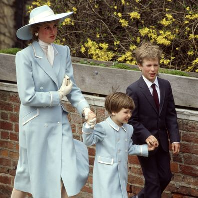Diana, Princess Of Wales, With Her Son, Prince William And Her Nephew, Peter Phillips, On Their Way To Easter Service.  The Princess Is Wearing A Pale Blue Coat Designed By Catherine Walker Who Made A Similar One For Prince William.