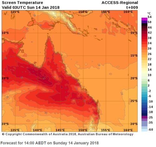 Queensland is expected to swelter today, a Bureau of Meteorology temperature map shows. (BoM)