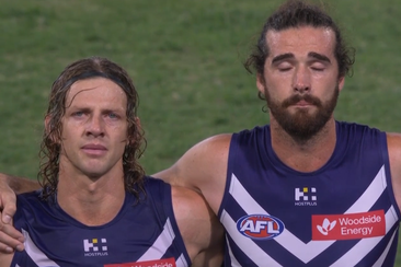 Fremantle players Nat Fyfe and Alex Pearce hold back tears as they pay tribute to their late teammate Cameron McCarthy.