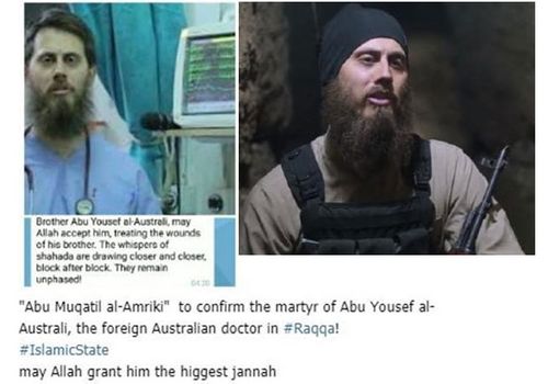 The message about the death of Tareq Kamleh, left, and a photo showing him with an AK-47 assault rifle in an IS propaganda shot. 