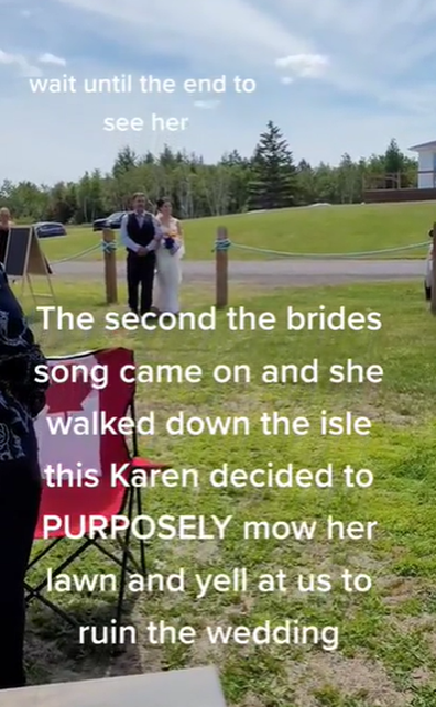 Neighbour mows lawn during wedding video