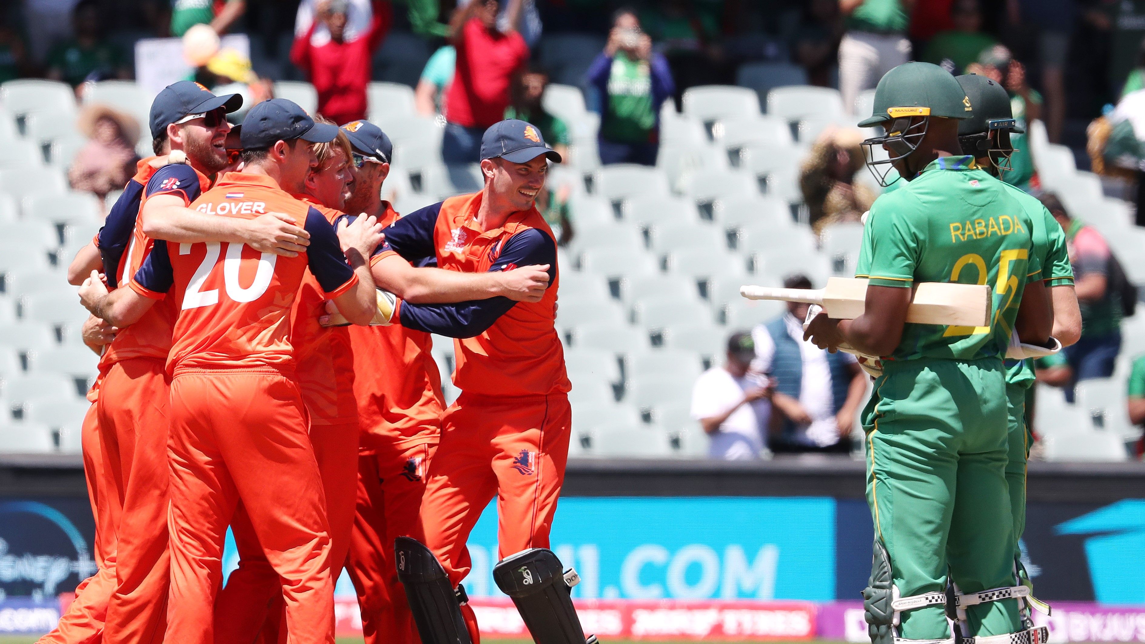 Netherlands players celebrate the win during the ICC Men&#x27;s T20 World Cup match against South Africa at the Adelaide Oval.