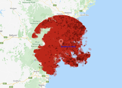 Observed lightning pulses withing a 100km radius of Mona Vale during the eight hours from 4pm to midnight on Thursday, February 17, 2022.