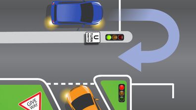 Le conducteur de la voiture bleue fait demi-tour aux feux tricolores tandis que le conducteur de la voiture orange tourne à gauche dans une bretelle.  Alors, qui doit céder le pas ?