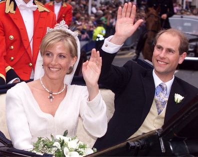 Prince Edward and Sophie Rhys-Jones wave to the crowd following their wedding in St George's Chapel, Windsor Castle Saturday, June 19, 1999. 