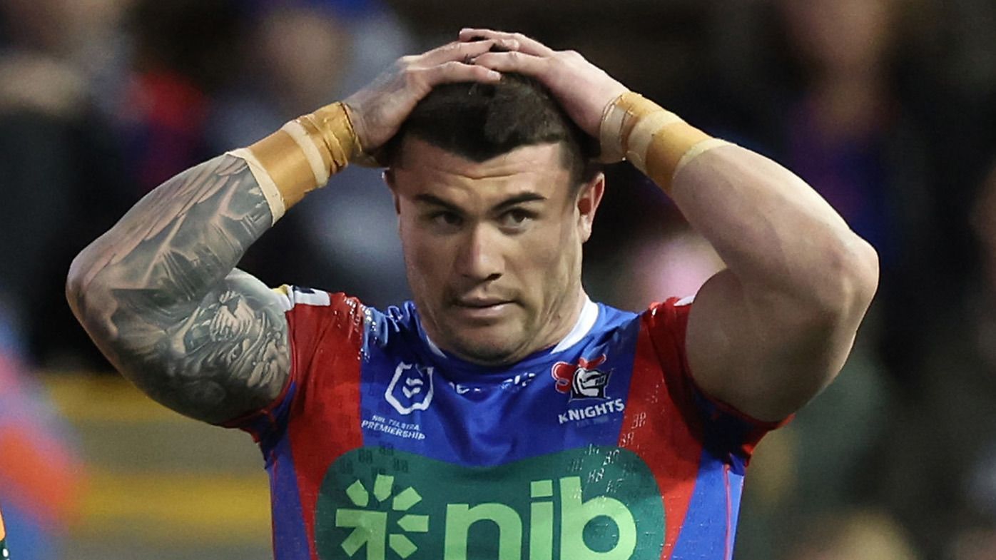 Bradman Best of the Knights reacts after suffering a hamstring injury during the round 20 NRL match between Newcastle Knights and Brisbane Broncos at McDonald Jones Stadium, on July 20, 2024, in Newcastle, Australia. (Photo by Scott Gardiner/Getty Images)