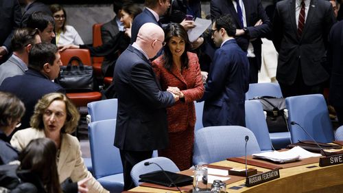 Nikki Haley, the United States' Permanent Representative to the United Nations, duing a meeting where the body voted on draft resolutions put forth by the United States and Russia in response to the suspected chemical weapons attack in Syria (AAP)