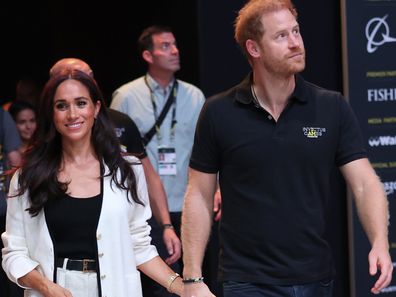 DUESSELDORF, GERMANY - SEPTEMBER 13: Prince Harry, Duke of Sussex and Meghan, Duchess of Sussex attend the Wheelchair Basketball preliminary match between Ukraine and Australia during day four of the Invictus Games Düsseldorf 2023 on September 13, 2023 in Duesseldorf, Germany. (Photo by Chris Jackson/Getty Images for the Invictus Games Foundation)