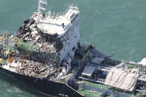 An aerial photo shows a tanker crashed into the bridge between Kansai International Airport and the main land due to the strong wind of typhoon Jebi in the east of the airport in Osaka Prefecture