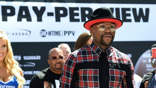 Boxer Floyd Mayweather Jr. arrives at Toshiba Plaza on August 22, 2017 in Las Vegas, Nevada. (Getty)