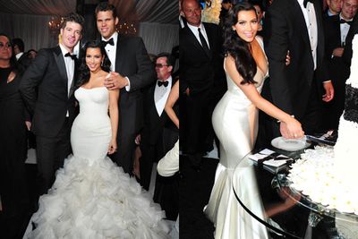 For the first dance, Kim wore a georgette mermaid gown with more Chantilly lace on the bodice and hand-cut organza petals on the dress. The final number took inspiration from Old Hollywood with bias cut crepe satin gown with V-0neck and circle skirt. All Vera Wang of course… with a price tag of $40,000 for both gowns! Not that Kim paid...<br/><br/>Images: Snapper