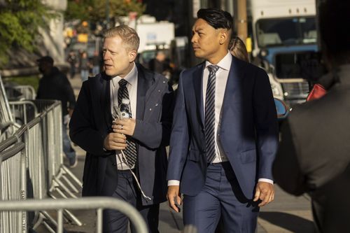 Actor Anthony Rapp, left, arrives at court for the civil lawsuit trial against Kevin Spacey,  Thursday, Oct 6, 2022, in New York.  