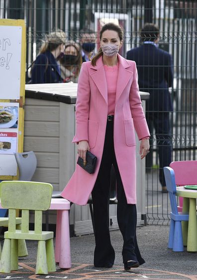 Kate Middleton, Duchess of Cambridge looks around the playground during a visit with Prince William to School21, a school in east London, Thursday March 11, 2021.