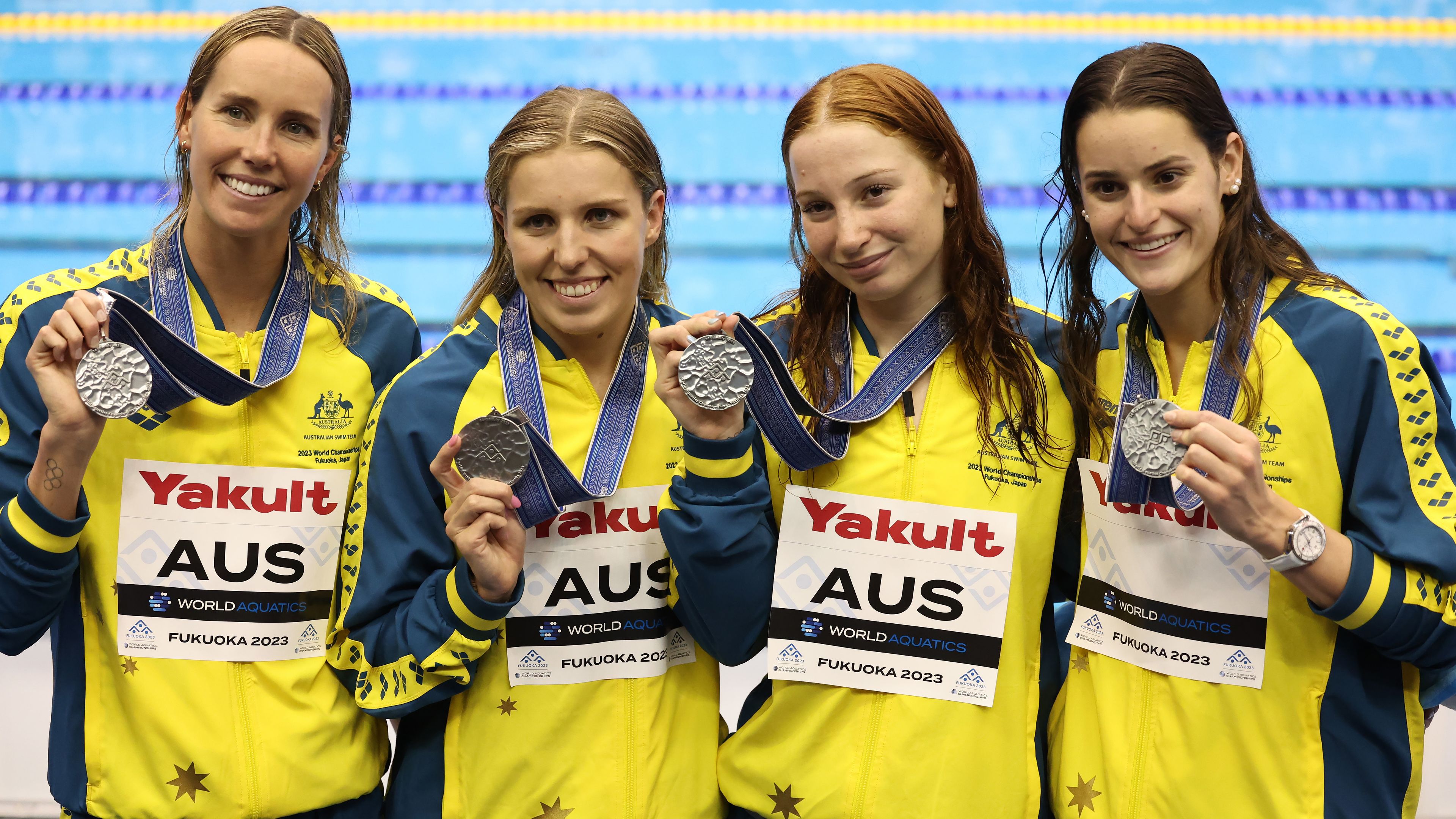FUKUOKA, JAPAN - JULY 30: Silver medallists Abbey Harkin, Mollie O&#x27;Callaghan, Emma McKeon and Kaylee McKeown of Team Australia pose during the medal ceremony for the Women&#x27;s 4 x 100m Medley Relay Final on day eight of the Fukuoka 2023 World Aquatics Championships at Marine Messe Fukuoka Hall A on July 30, 2023 in Fukuoka, Japan. (Photo by Ian MacNicol/Getty Images)