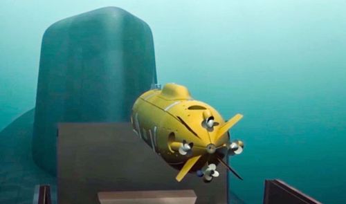 A computer simulation shows a Russian nuclear-powered underwater drone being released by a submarine. (AP).