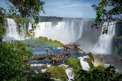 Tourists visiting Iguazu Falls on the border of Brazil and Argentina.