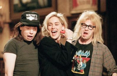 Sharon Stone hosting Saturday Night live alongside Dana Carvey and Mike Myers 