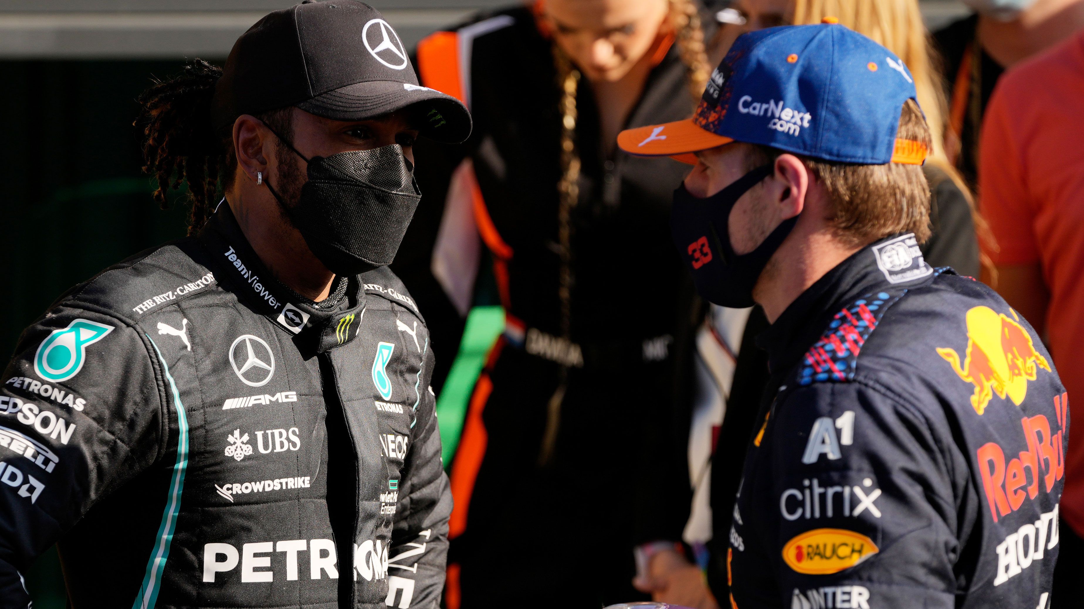 Lewis Hamilton and Max Verstappen come together.