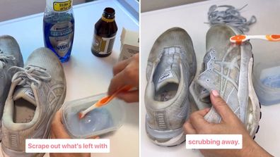 Cleaning paste of bicarb soda, hydrogen peroxide and dishwashing liquid being mixed and scrubbed on a shoe.