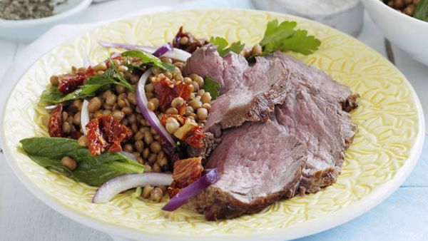 Weight watchers' barbecued beef with lentil salad