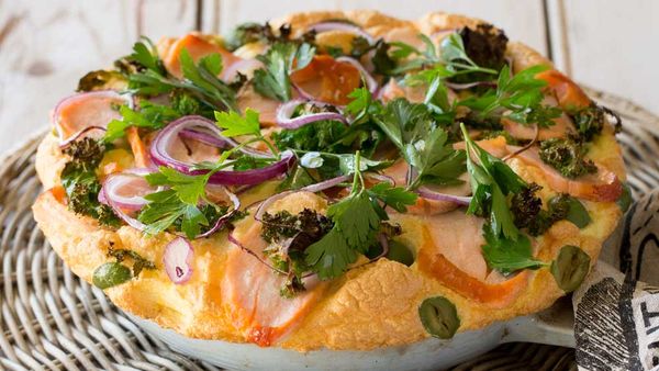 Huon Hot smoked salmon souffle omelette recipe. Image: Huon