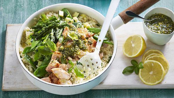 Vegetable and salmon risotto