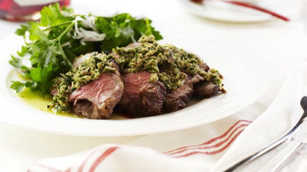 Barbecued leg of lamb with almond and mint sauce