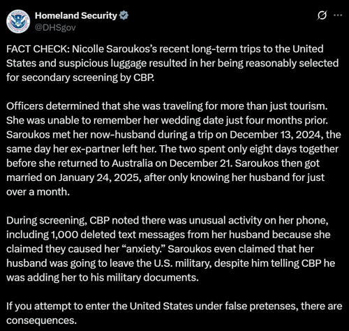 The tweet in which Homeand Security 'fact checks' Ms Saroukos' claims.