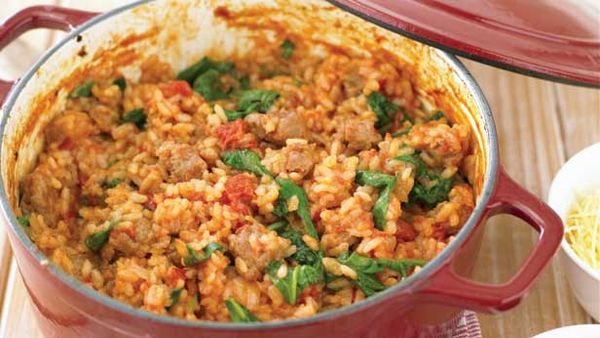 Sausage and spinach baked risotto