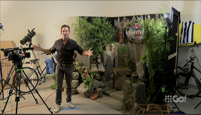 Jeff Probst in his house showing off where he will announce the winner of Survivor Winners at War. 