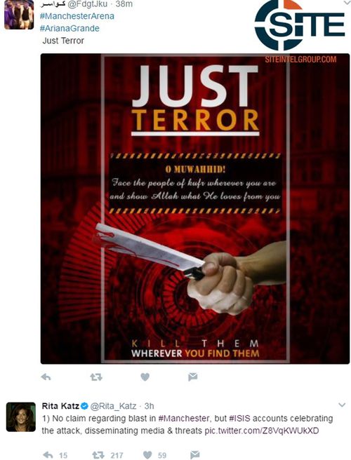A pro-ISIS Twitter account celebrates the suspected terror attack on Manchester. Nine.com.au viewed several accounts promoting ISIL propaganda, which have since been shut down by Twitter. Source: Twitter